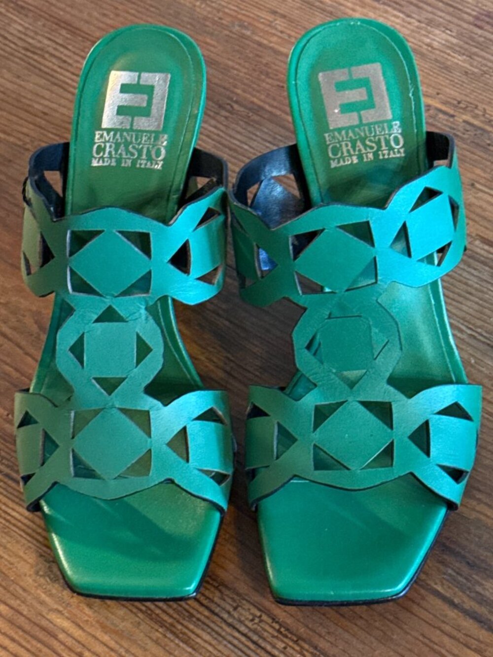 Emanuel Crasto Leather Laser-Cut Wedge Sandals Green Italy-Made Size 38 New